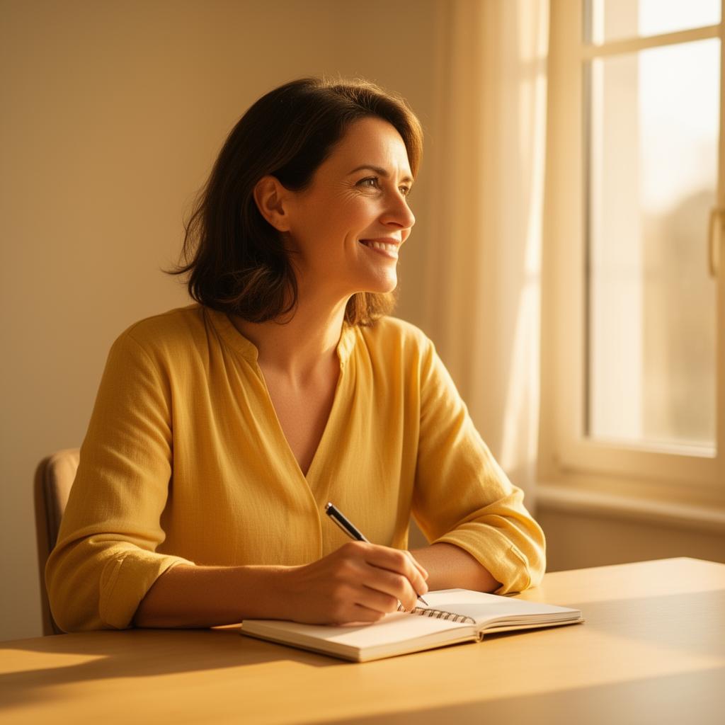 Une personne en pleine réflexion sur sa reconversion, lumière chaleureuse